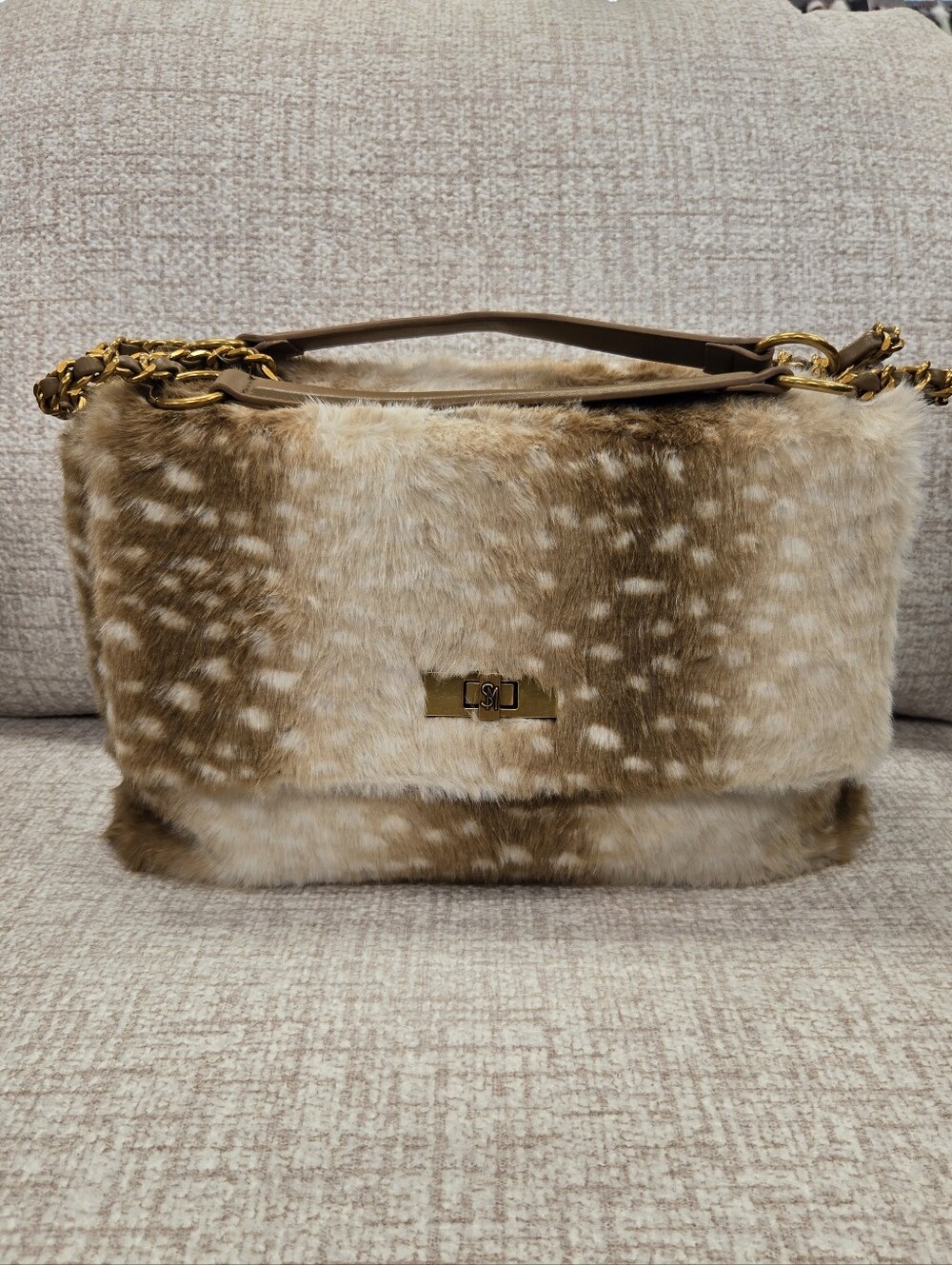Steve Madden Faux Fur Shoulder Bag in Brown and Cream with Gold Hardware